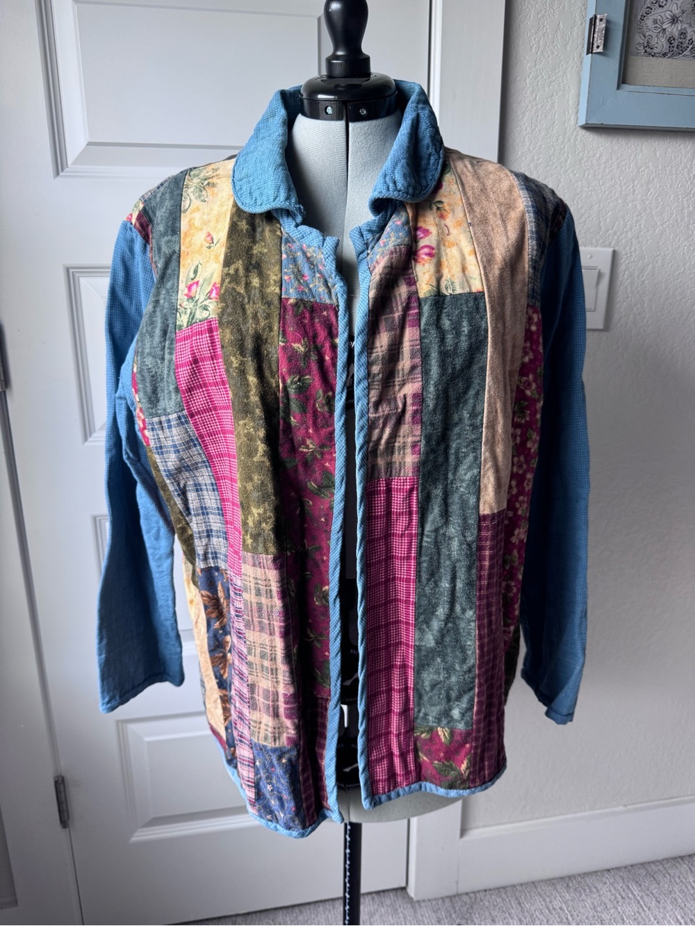 Patchwork Quilted Jacket in Blue with Multicolor Stripes